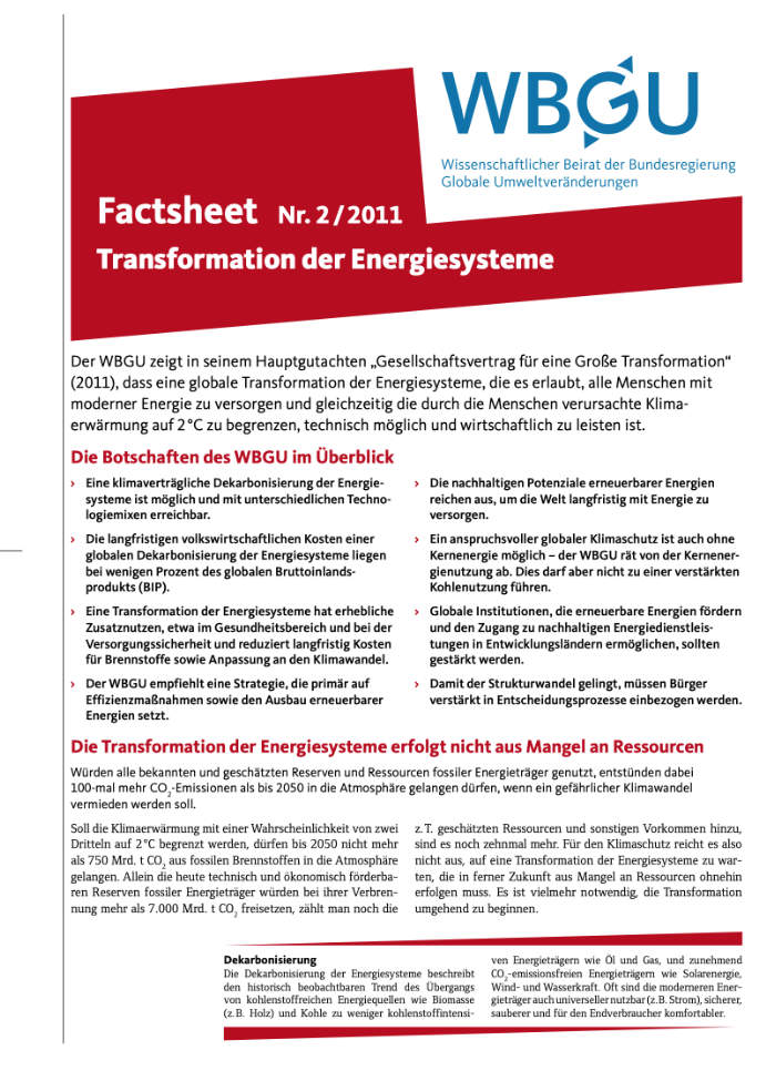 Factsheet: Transformation der Energiesysteme