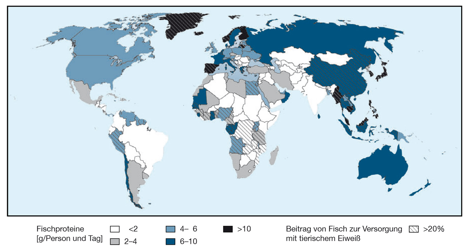 Beitrag von Fisch und Meeresfrüchten zur Versorgung mit tierischen Proteinen (Durchschnitt von 2007 bis 2009).